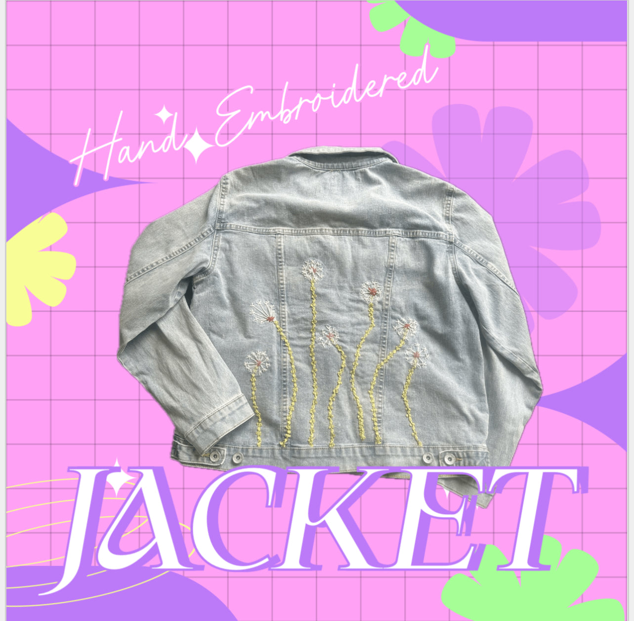 A denim jacket with hand-embroidered designs on the back, displayed against a pink grid background with floral graphics and text.
